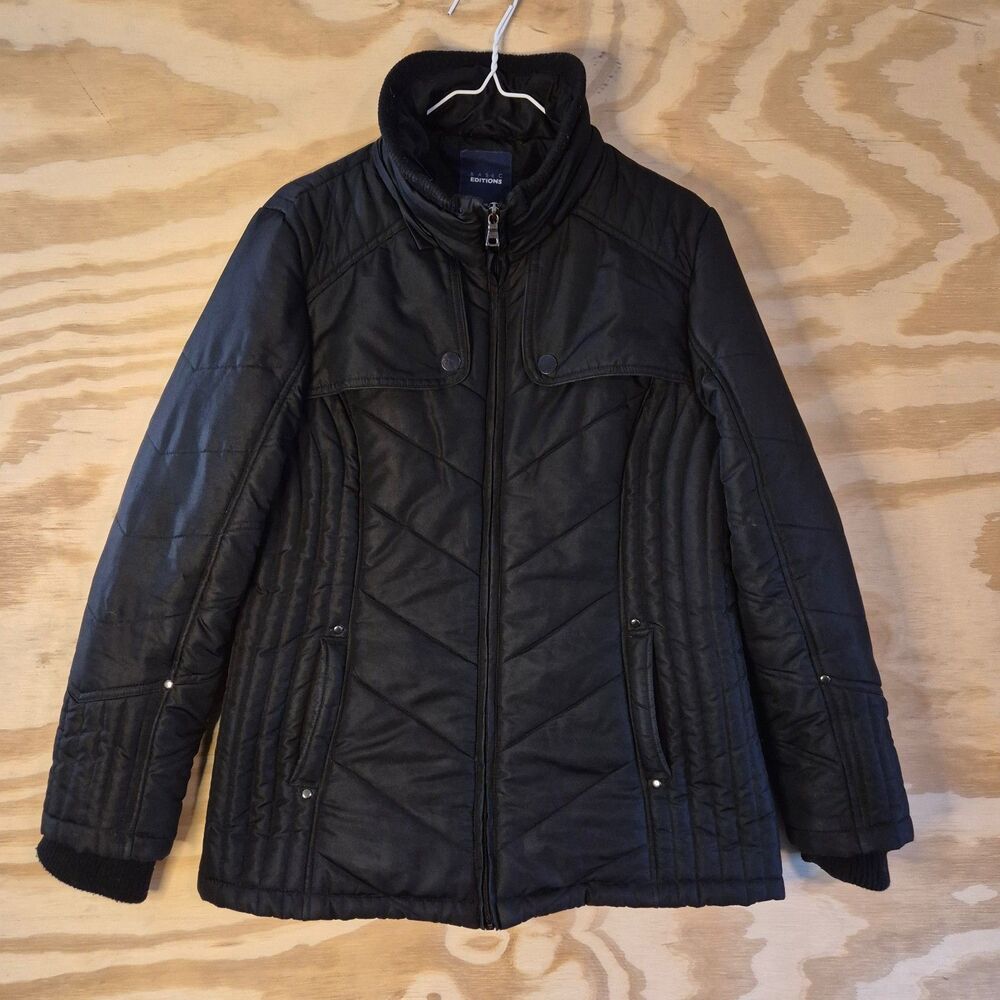Basic Editions Womens M Black Quilted Puffer Jacket Faux Fur Collar Winter Coat